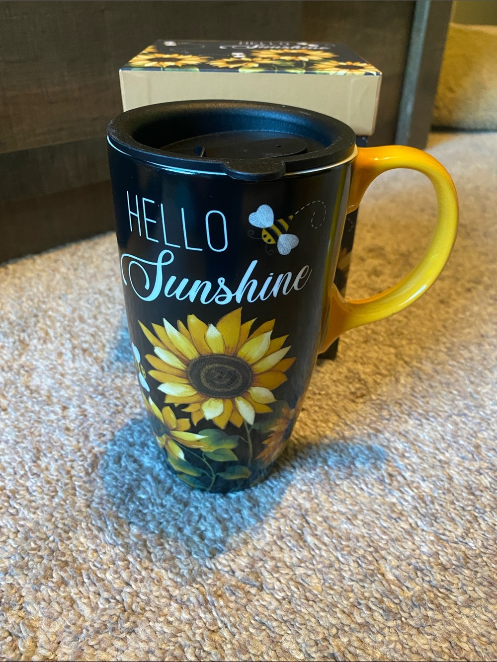 Hello Sunshine Sunflower Travel Mug - Yellow & Black